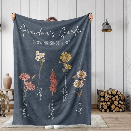 Custom Grandma's Garden Blanket, Christmas Gift For Grandma, Birth Flower Blanket With Grandkids Names, Personalized Grandma Gift Gigi Nana