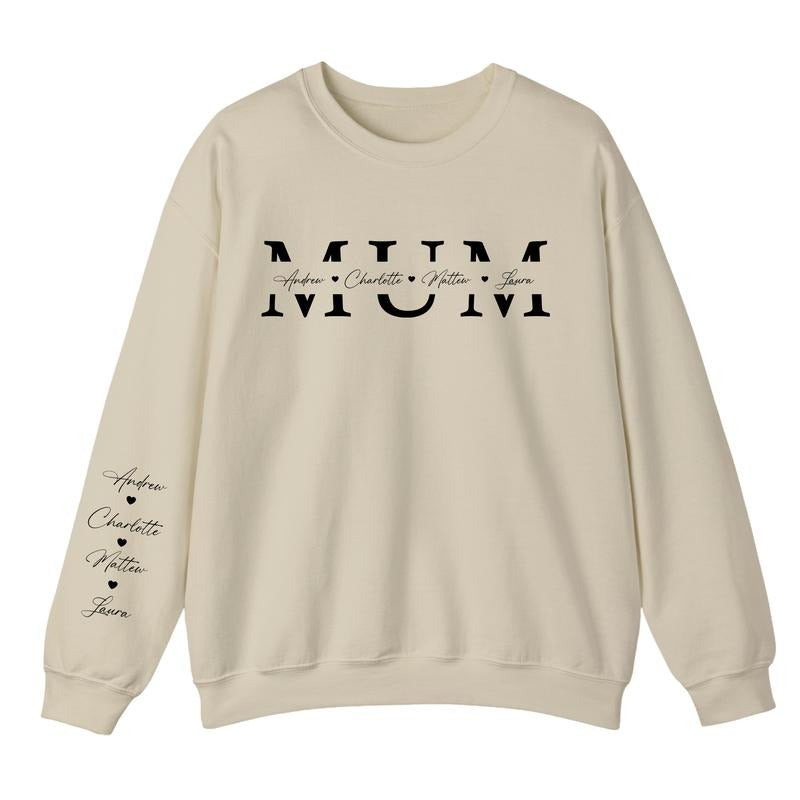 Custom Kids Name On Sleeve and Chest Jumper, Mum Monogram Sweatshirt, Personalised Mother Crewneck Sweatshirt, Pullover Sweater for Mum, Mom