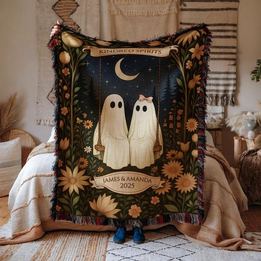 Custom Kindred Spirits Woven Blanket, Personalized Romantic Ghost Decor, Cottagecore Halloween Couple Cozy Throw, Fall Wedding Anniversary Couple Gift