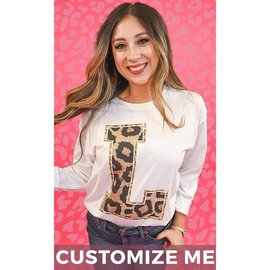 Custom Leopard Glitter Initial Long Sleeve - Chic Personal Vibes #LeopardInitial #CustomTee #GlitterStyle