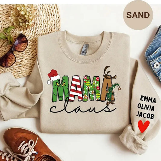 Custom Mama Claus Sweatshirt, Mom Cozy Christmas shirt, Cute Personalized Mama Sweater, Custom Mama  Name Top, Gifts For Mothers Sleeve Womenswear Hoodie Print