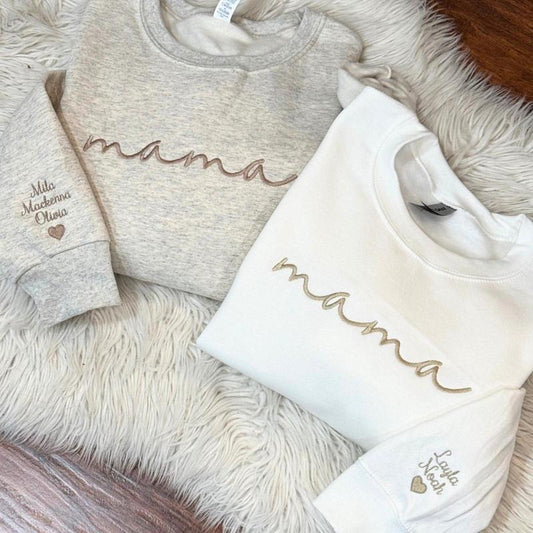 Custom Mama Embroidered Sweatshirt, Curved Neckline Mama Sweatshirt, Personalized Mom Embroidered Sweatshirt, Pregnancy Announcement