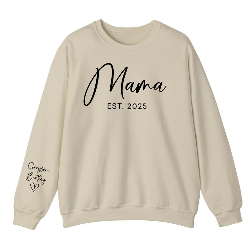 Custom Mama Est Sweatshirt With Kids Name On Sleeve, Personalize Mom Gift, Mothers Day Gift, Unique Mom Gift, Mommy Shirt, New Mom Gift, Mama Shirt