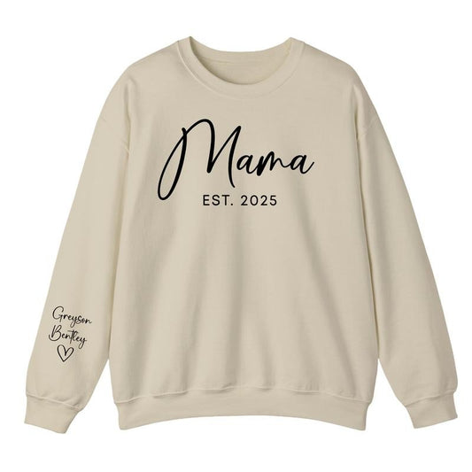 Custom Mama Est Sweatshirt With Kids Name On Sleeve, Personalize Mom Gift, Mothers Day Gift, Unique Mom Gift, Mommy Shirt, New Mom Gift, Mama Shirt