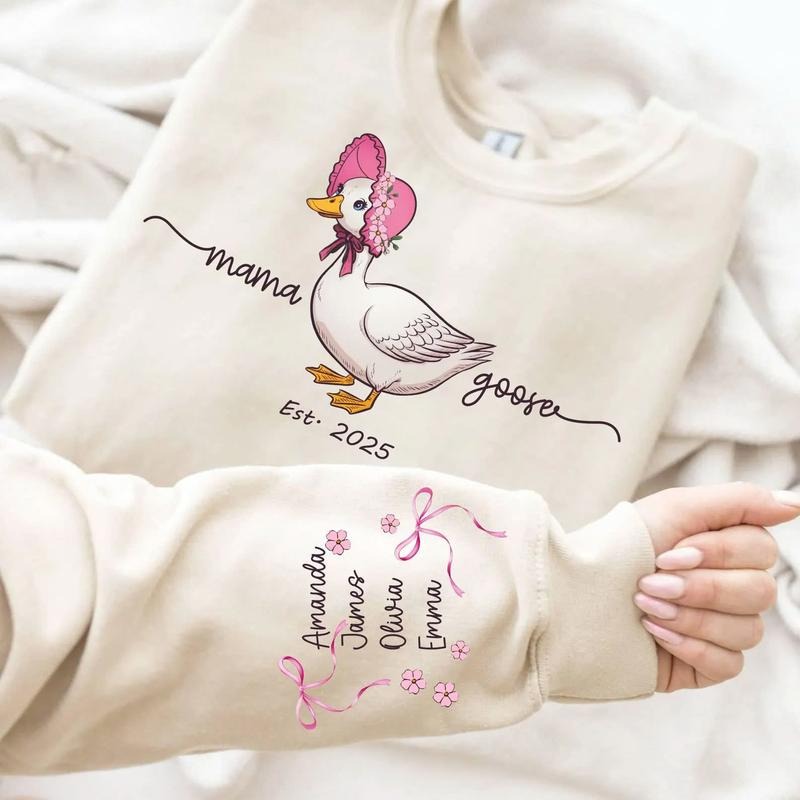Custom Mama Goose Est 2025 Sweatshirt with Name on Sleeve, Casual Crewneck, Women's Womenswear Hoodie, Cute Mama Goose Coquette Sweat Gift