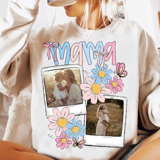 Custom Mama Kids Photo Shirt, Mothers Day Shirt, Add Photos, Mom Floral Coquette Bow Shirt, Flowers, Hand drawn, Gift For Mom
