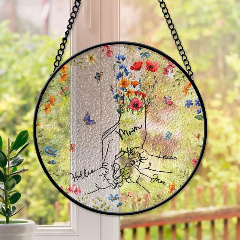Custom Mom's Hand Holding Kids Faux Stained Glass, Floral Flower Mom's Hand Suncatcher, Gift for Mom from Kids, Mother Day Gift