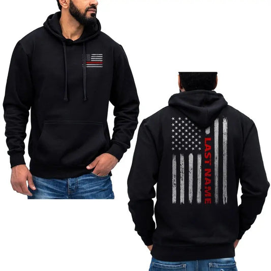Custom Name Firefighter Hoodie Thin Red Line Vertical Flag Sweatshirt Cotton Fabric Menswear Pocket Breathable Kangaroo