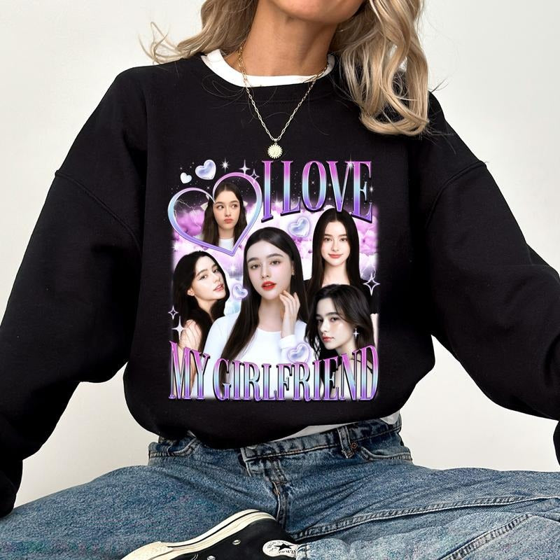 Custom Photo I Love My Girlfriend Sweatshirt, Retro Bootleg Rap Tops, I Love My Gf Sweater, Valentine's Day Gift for Boyfriend, Cotton Fabric Pullover