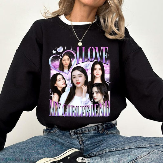 Custom Photo I Love My Girlfriend Sweatshirt, Retro Bootleg Rap Tops, I Love My Gf Sweater, Valentine's Day Gift for Boyfriend, Cotton Fabric Pullover