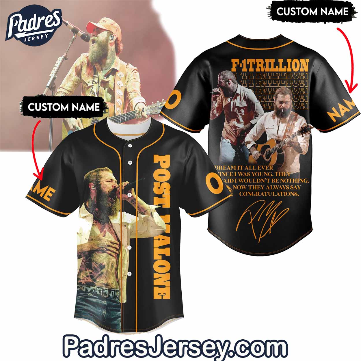 Custom Post Malone F1-Trillion Baseball Jersey For Adults - Padres Jersey Oasis: Elevate Your Baseball Style Game