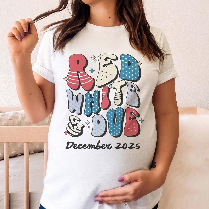 Custom Red White and Due 4th of July Pregnancy Announcement Shirts Matching Fourth of July Gender Reveal Tees Personalized Maternity Top