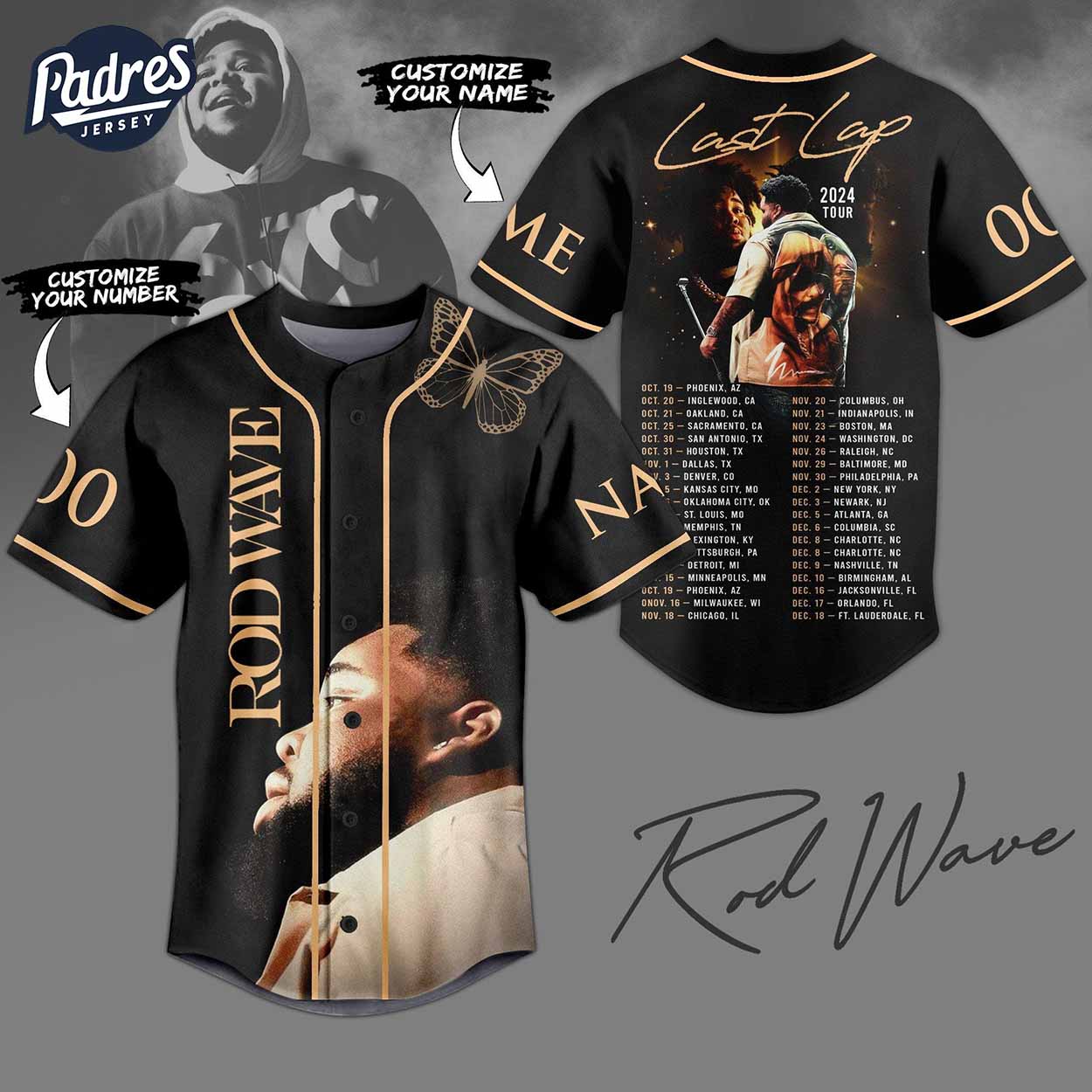 Custom Rod Wave Last Lap Tour 2024 Baseball Jersey - Padres Jersey Oasis: Elevate Your Baseball Style Game