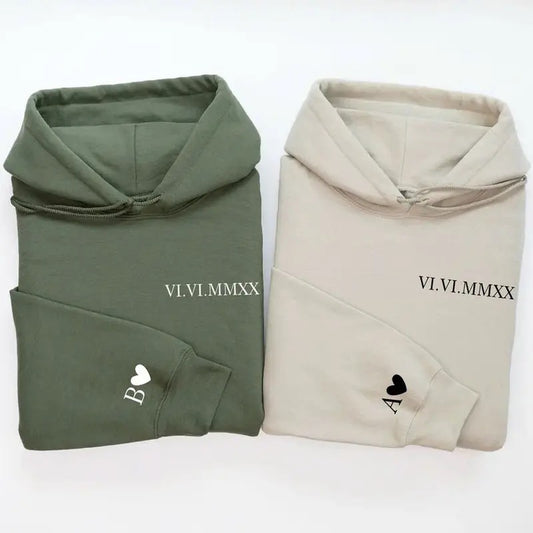 Custom Roman Numeral Hoodie or Sweatshirt Couples Gift Personalized Date Initial On Sleeve Engagements Anniversaries Bachelorette's Wedding Menswear Tops