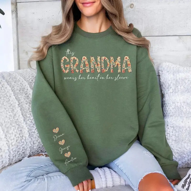 Custom This Grandma Wears Her Heart On Her Sleeve Sweatshirt, Shirt with Names On Sleeve, Mommy Heart Hoodie, Mother's...