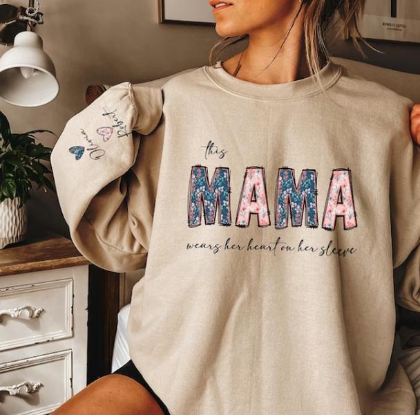 Custom This Mama Wears Her Heart On Her Sleeve Sweatshirt,Personalized Mama Hoodie With Kids Names,Gift For Mom,Mothers Day Gift,Mom Sweaterstyle{n002}2
