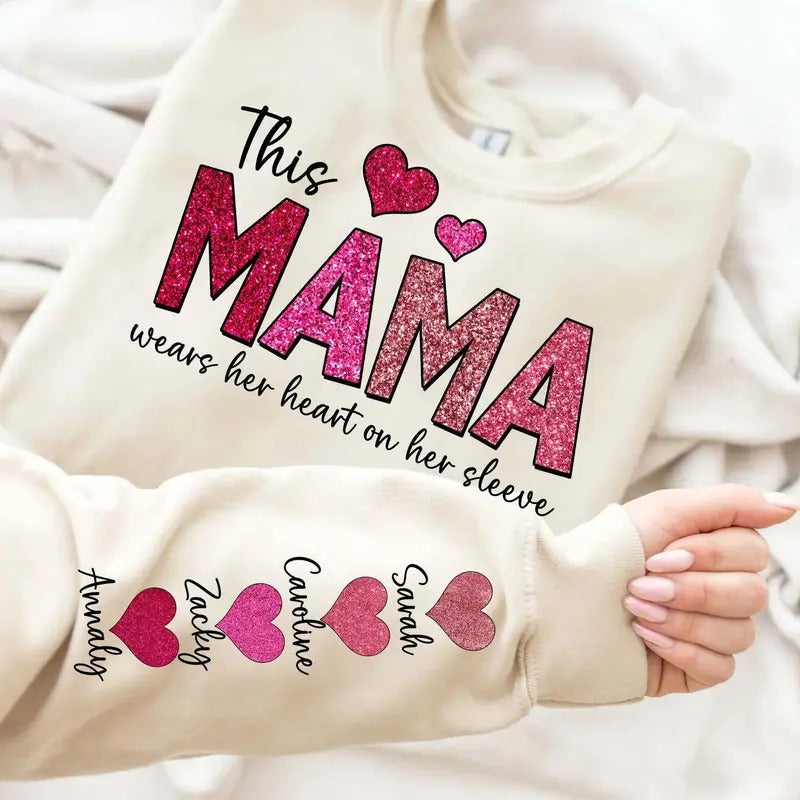 Custom This Mama Wears Her Heart On Her Sleeve, Personalized Valentine, Add Your Own Names, Valentine's Day Shirt, Pink Glitter Mama Valentine