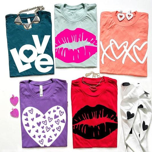 Custom Valentine's Day Tee Bright CLassic LOVE Vday Shirt Lips XOXO T-shirt Collection Fit Top