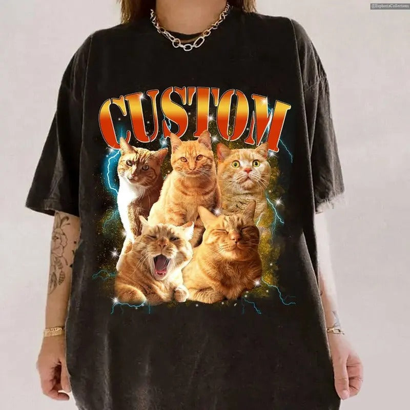 Custom Vintage Pet Shirt Photo, Name Image Personalized Dog Cat Tee, T-Shirts for Pet Lovers Retro 90's Bootleg Vintage Tee , Global Trending Outfits