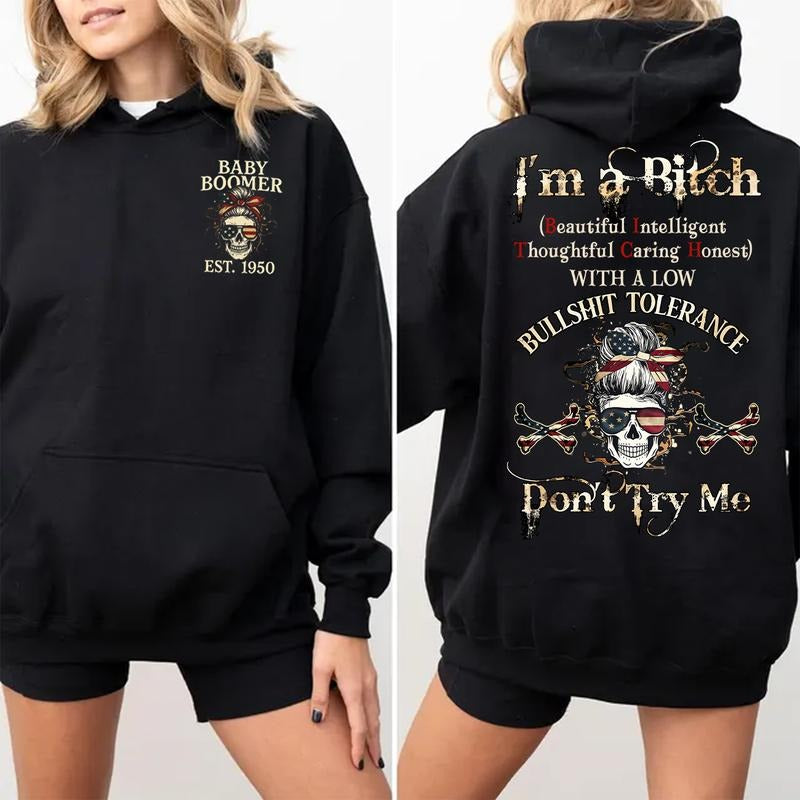 Custom Year Baby Boomer Skull Hoodie , Don't Try Me Boomers FAFO Hoodie, 100% Cotton, Two-Sided Design Menswear Autumn Hoodie