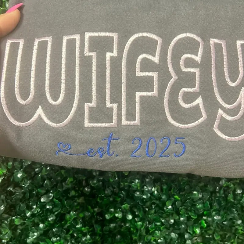 Custom wifey embroidered sweater Sweatshirts Pullover Tops Embroidery Comfort Womenswear T-Shirts, Hoodie | DripVista.com