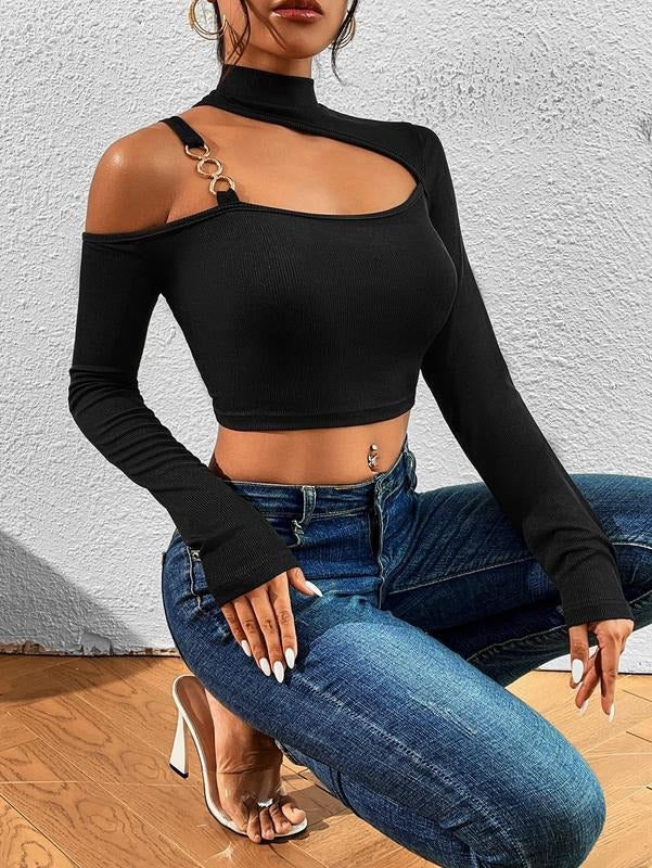 Cut Out Long Sleeve Crop Tops Mock Neck Chain Asymmetrical Shoulder Tee T Shirt Hoodie, Sweatshirt | DripVista.com