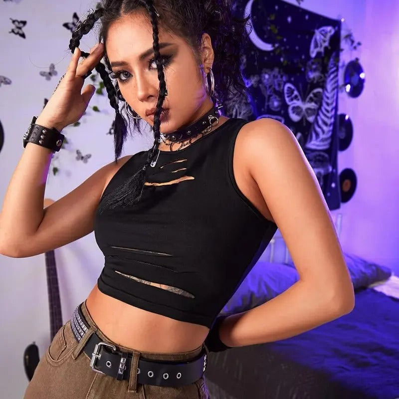 Cut Out Sleeveless Round Neck Punk Rock Solid Ripped Crop Tank TopY2K T-Shirts, Hoodie, Sweatshirt | DripVista.com