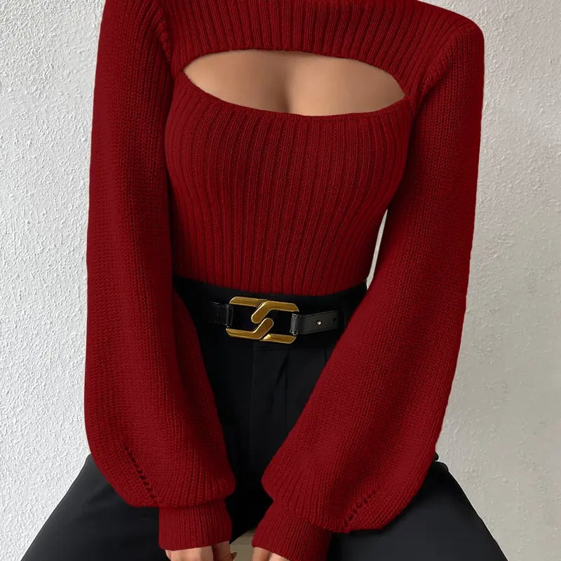 Cut Out Turtleneck Sweater Slim Fit Eyelet Detail Rib Knit Bishop Long Sleeve Tops Pullover Sweaters T-Shirts, Hoodie,...