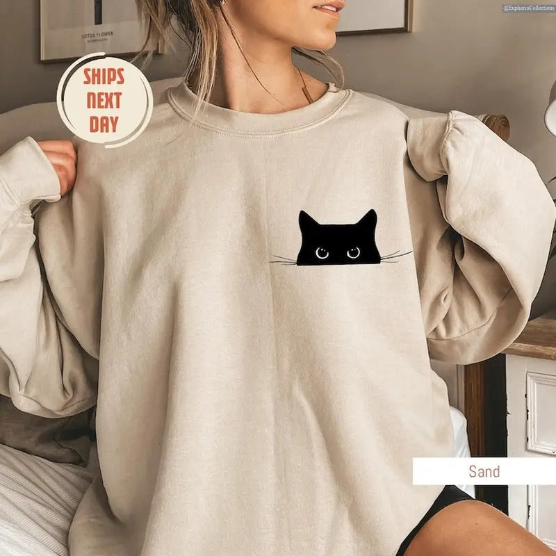 Cute Black Cat Sweatshirt, Hoodie, Tee, Cat Peeking, Women Funny Sweater, Gift for Cats Lover, Cat Mom Sweatshirt ,...