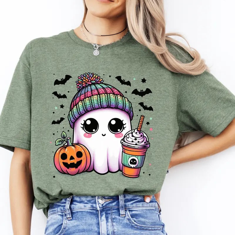 Cute Bougie Halloween Ghost with Coffee. Casual Everyday Softstyle Halloween Unisex T-Shirt.