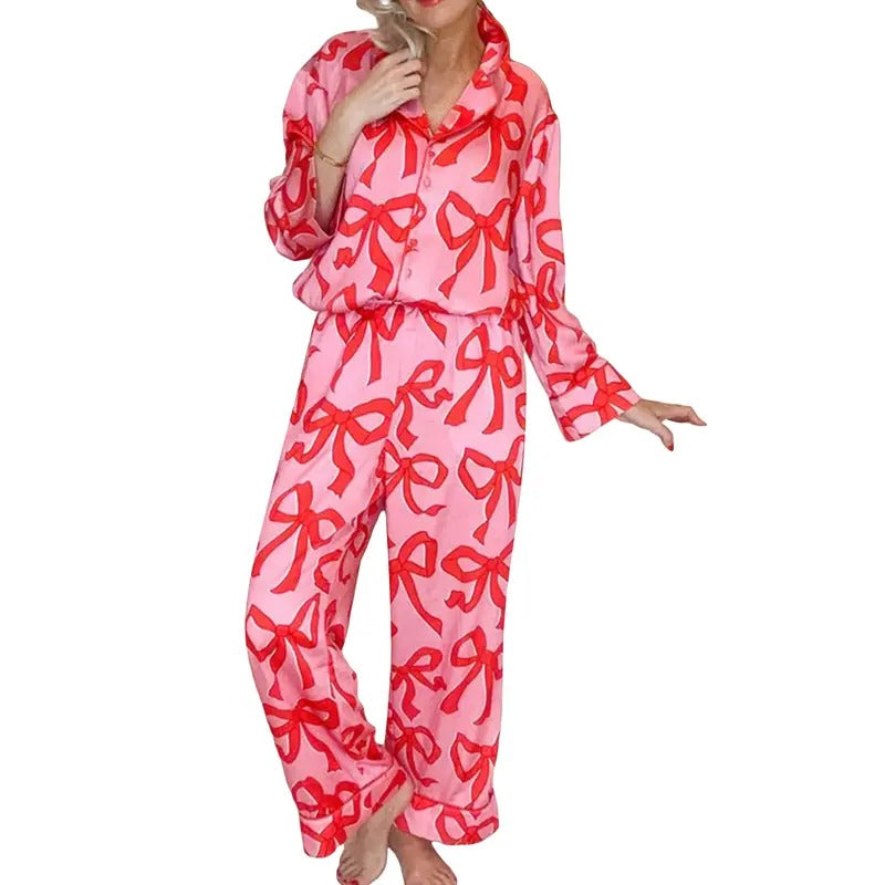 Cute Bow Knot Pajamas Set for Women 2 Piece Lounge Set Y2k Casual Pj Set Long Sleeve Shirt Wide Leg Pants Sleepwear...