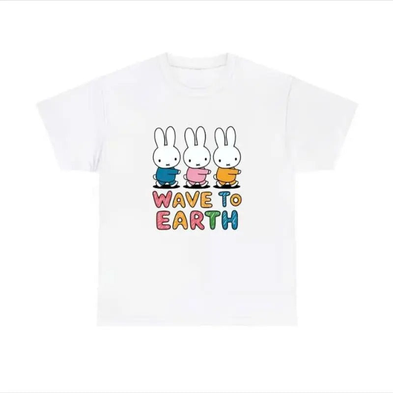 Cute Bunny Meme T-shirt, Wave to Earth Miffy Inspired Fan Tee Casual Top Womenswear T-shirt Cotton Check