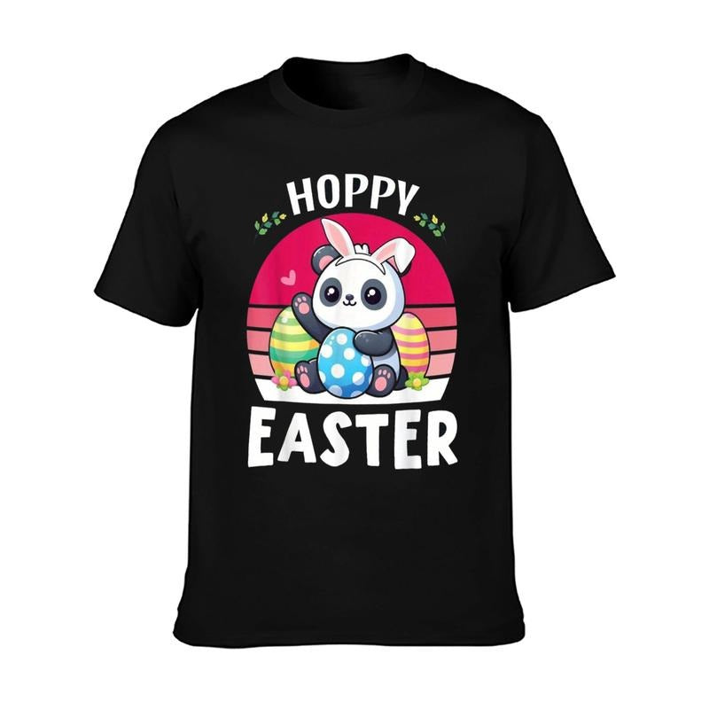 Cute Bunny Panda Playing with Flowers Eggs Hoppy Easter Day T-Shirt 1pc Mens Happy Easter T-Shirt with Colorful Print...