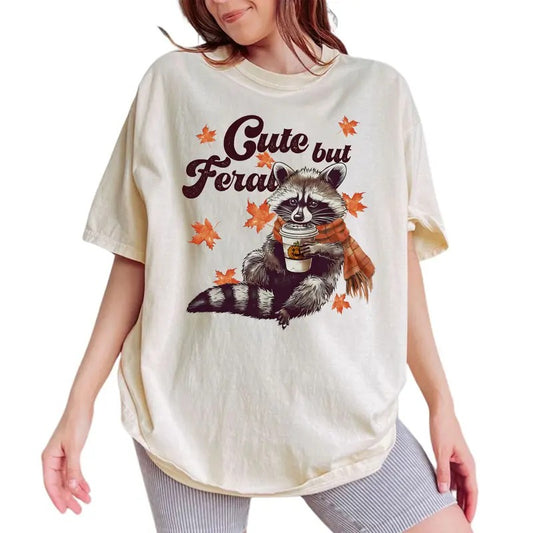 Cute But Feral Fall Raccoon Shirt, Funny Raccoon T-shirt, Meme Trash Panda Graphic Printed Tee, Feral T-shirt, Autumn Tshirt, Raccoon Lover Tee, Comfy Short Sleeve Tee, Cute Women's Tops, Oversized Casual Womenswear, Comfort Cotton Fabric Relaxed Tee