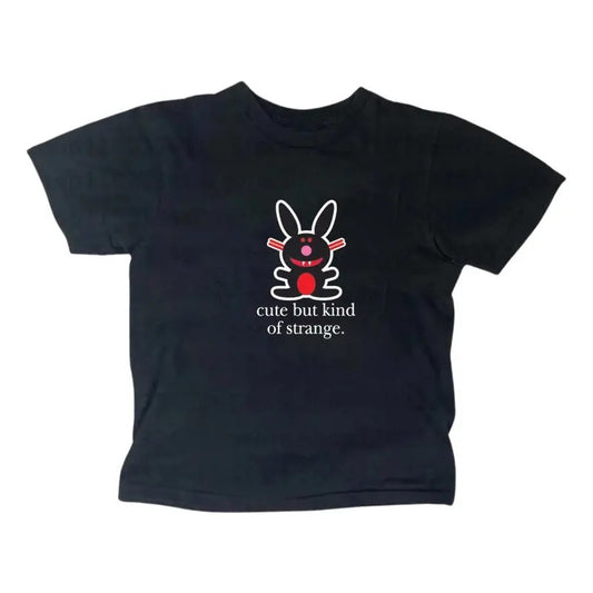 Cute But Kind Of Strange Happy Bunny Baby Tee, Gothic Emo Girl Top, Scene Clothing 2000s, Y2k Top Women Streetwear, Casual Cotton Short Sleeve Gift For Her