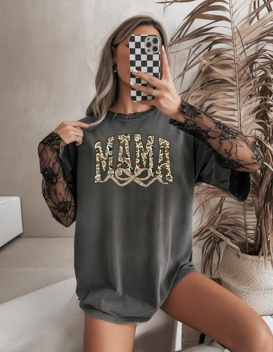 Cute Camouflage Mama Comfort Colors T-shirt - Machine Washable in Pepper Yam Brown Moss Sand Colors for Women