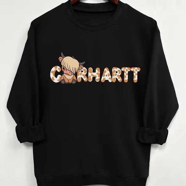 Cute Carhartt Bull Pattern Printed Crewneck Pullover Sweatshirt, Women Winter Cozy Sweater for Daily Wear