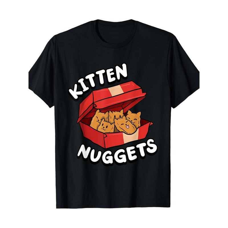Cute Cat & Chicken Nuggets Graphic Tee - 100% Cotton, Short Sleeve, Crew Neck T-Shirt for Men - Perfect for Casual Wear Made in USA
