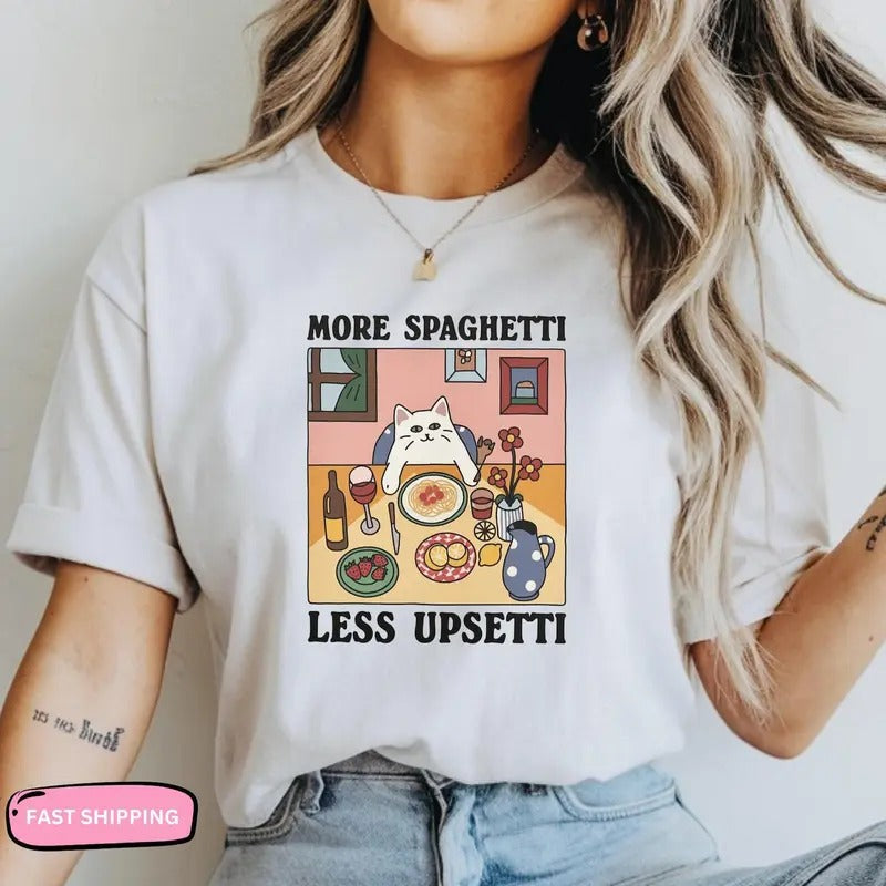 Cute Cat Art More Spaghetti Less Upsetti T-Shirt Funny Italian Food Lover Tee Adorable Cat Eating Pasta Shirt  SpringMug...
