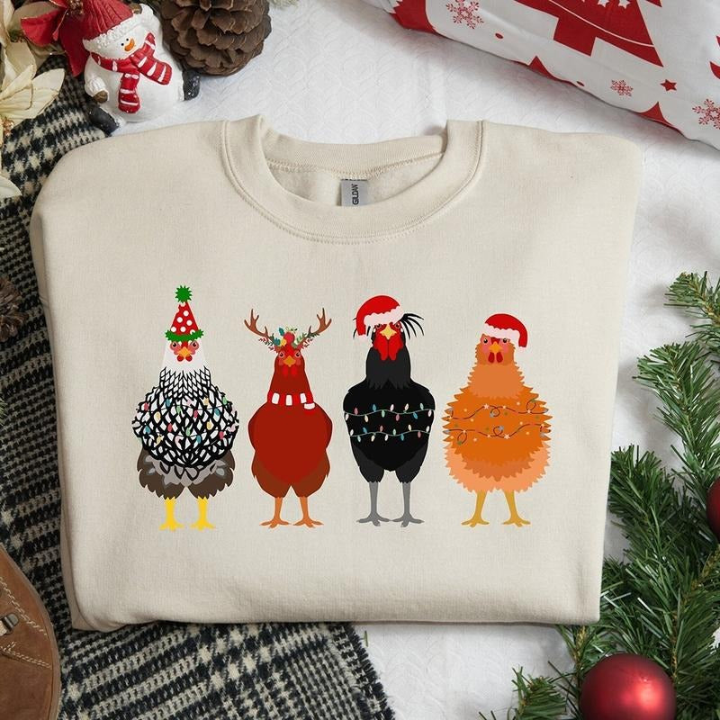 Cute Chickens Christmas Crewneck Sweatshirt, Hoodie, T-shirt | DripVista.com