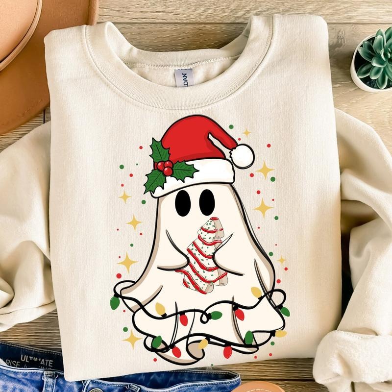 Cute Christmas Ghost Tree Cake Sweatshirt, Merry Christmas T-Shirt, Happy New Year Holiday Clothing, Unisex Classic...