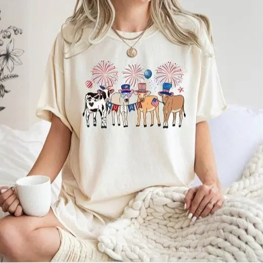 Cute Cows 4th Of July T-Shirt, American Flag Shirt, Independence Day, Western Shirt, Patriotic Shirt, Farm Animals Lover, Unisex Short Sleeve