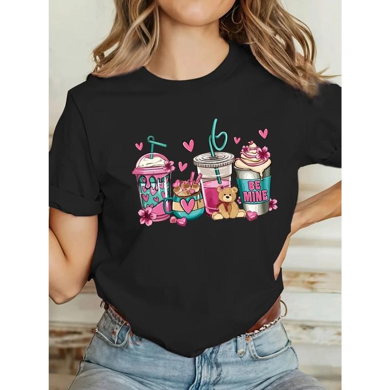 Cute Cup Print Sleeve T-Shirt for Spring & Summer Women'WB shield Clothing Graphic Print Crew Neck T-Shirt Casual Short...
