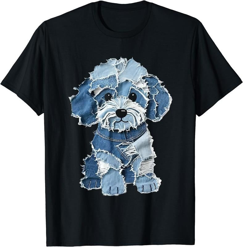 Cute Dog Denim Patchwork Art T-Shirt | Unisex Cotton Tee Gift, Crewneck, Short Sleeve Hoodie, Sweatshirt | DripVista.com