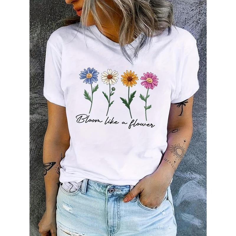 Cute Flower & Letter Print Crew Neck Short Sleeve Top - FOG, Breathable, Casual T-shirt for Women, Spring & Summer style...