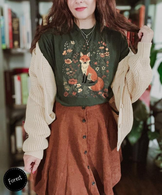 Cute Flower Fox T Shirt Hoodie Sweater Vintage Floral Cottagecore Shirt Wildflower Meadow Woodland Lover Gift For Her Fairycore Tee Forestcore T-shirt