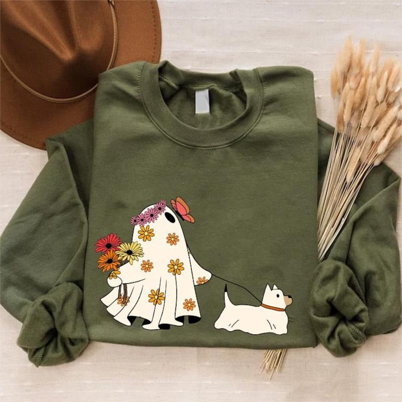Cute Flower Ghost Halloween Sweater, Ghost Walking Dog T-Shirt, Floral Ghost Halloween Sweatshirt, Vintage Ghost...