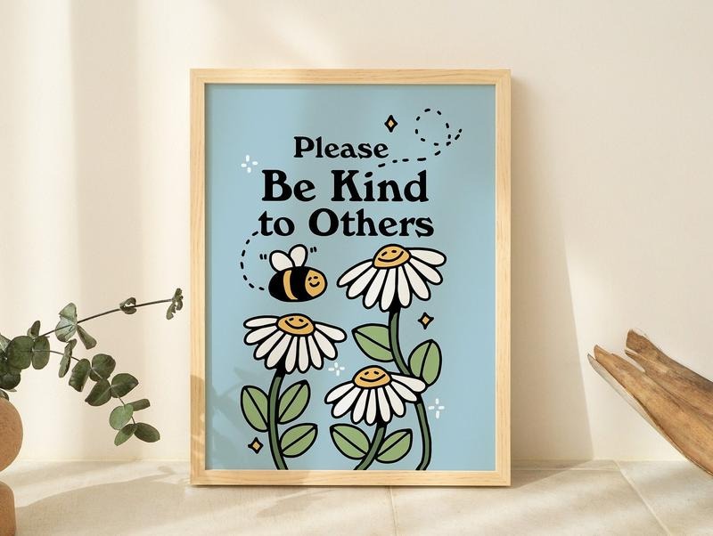 Cute Flowers Poster Print, Vintage Blue Illustration, Bee And Plants Positivity Prints, Be Kind Wall Decor, Retro 80s...