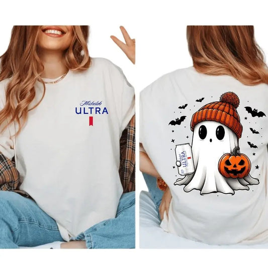 Cute Ghost  Michelob Ultra Shirt, Funny Spooky Shirts, Pumpkin Shirt, Halloween Party Shirt, Fall Ghost Shirt, Halloween Shirt, Pumpkin Halloween Shirt, Unisex Classic Cotton Tee with 2 Sided Graphic Print in All Sizes, For Women, For Men