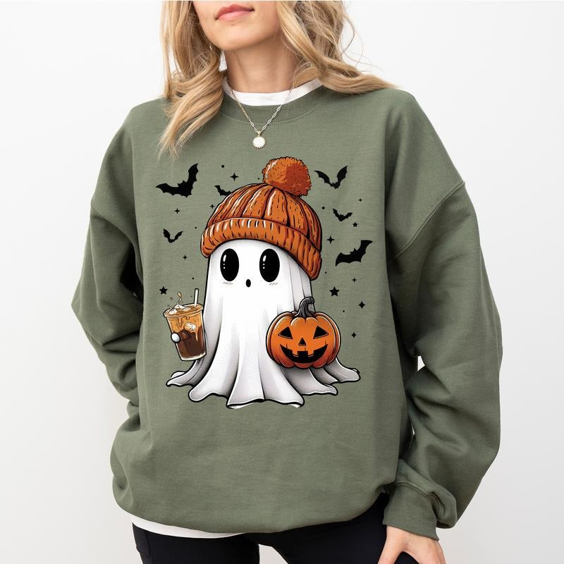 Cute Ghost Coffee Sweatshirt, Ghost Drinking Ice Coffee Crewneck, Halloween Ghost Sweater for Women, Fall Autumn...